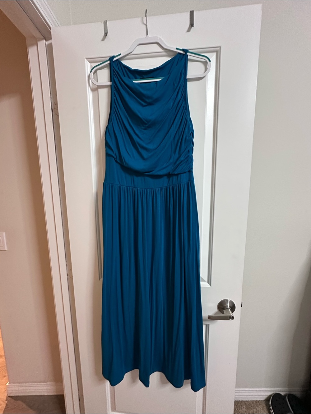 Sleeveless Teal Maxi Dress with Draped Bodice